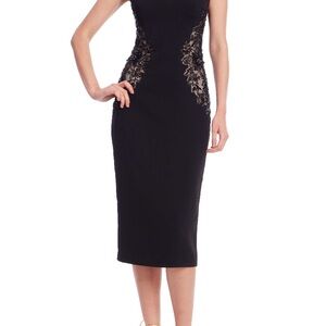 Badgley Mischka Black Midi Dress Beaded Lace Side Panels Sheath NWT 10 or 12